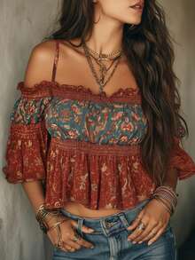 Áo kiểu trễ vai phong cách Bohemian với họa tiết in toàn thân và viền bèo nhún, thích hợp cho kỳ nghỉ hè. - Nhiều màu - Xem 3