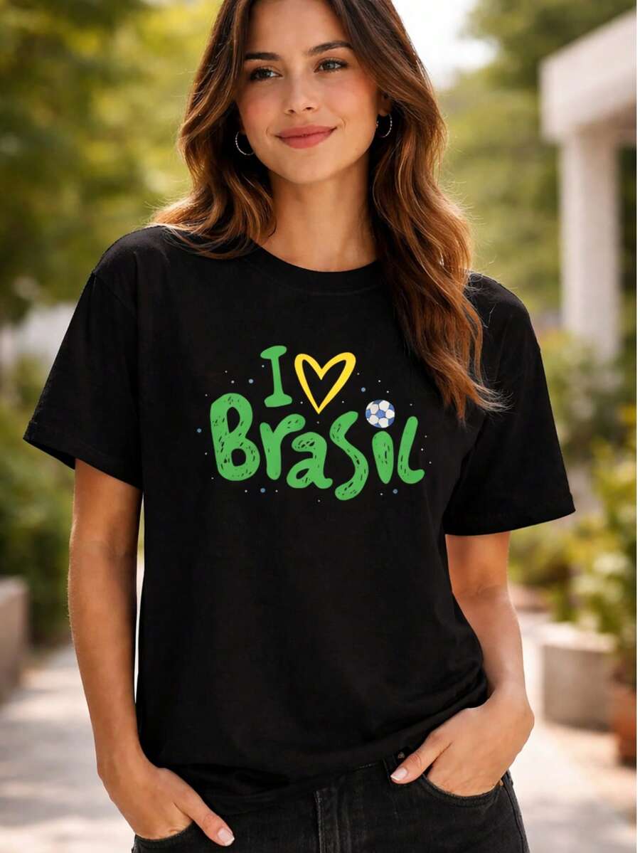 Camiseta Eu amo Brasil Feminina Tradicional Basica 100% Algodão Slim Torcedor Jogo Copa Vai Brasil Timi - Preto - Visão 1