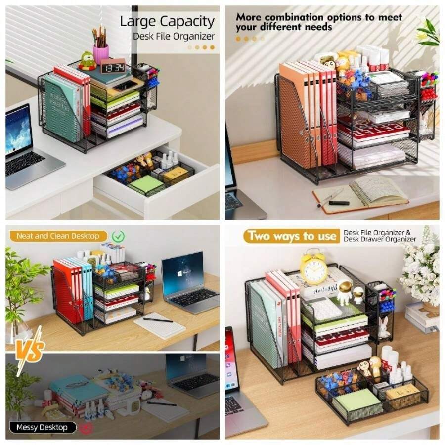 Desk Organiser With File Holder, 5 - Tier Paper Organiser With Pen Holders, Mesh Desk File Organiser With Magazine HolderUpgraded - Black - View 1