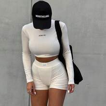 Women's Knitted Round Neck Long Sleeve Solid Color T-Shirt And Shorts Set With Simple Lettering Two-Piece Set - Black - View 6