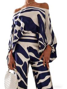 Off Shoulder Jumpsuit For Women, Multiple Colors Geometric Print Lantern Sleeve One Piece, Evening Party Glamorous Formal Outfit - 藍色 - 查看 1