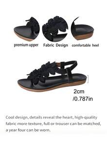 Women's Floral Decor Open Toe Design Elegant Sandals, Summer Fairy Tale Style Vacation Sandals - Black - View 5