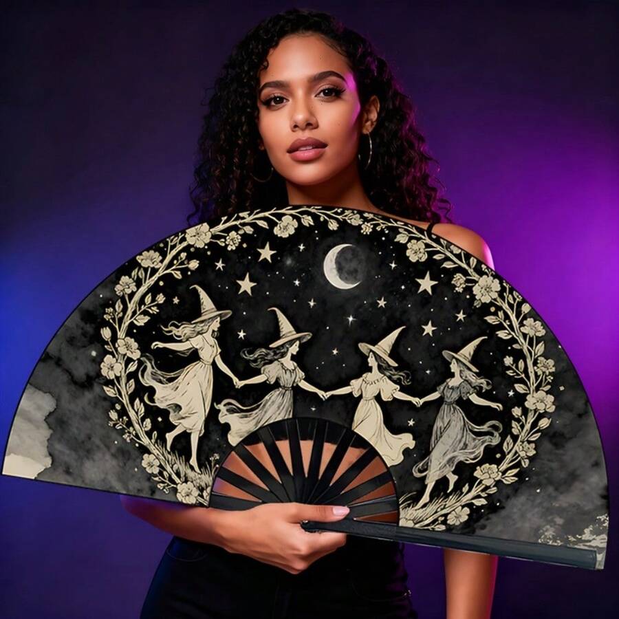 Ladies' Folding Fan With Vintage Witch And Magic Spell Designs - A Portable Cooling Fan Suitable For Outdoor Activities, Travel, And Parties. For Halloween - 五彩繽紛 - 查看 1