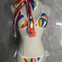 Women's Colorful Striped Triangle Bikini Set With Tie Back And Side Straps For Beach Vacation - Burnt Orange - View 5