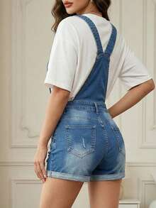 Women's Denim Short Overalls, Adjustable Strap Distressed Rolled Hem Casual Bib Overalls Shorts With Pocket Detail For Summer Wear - 淺色水洗藍 - 查看 2