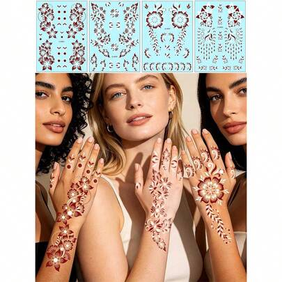 4pcs Vintage Red & White Floral Tattoo Stickers, Waterproof & Long-Lasting, Symmetrical Scroll Pattern, Strong Vibe, Unisex Temporary Tattoo For Waist, Abdomen, Arm Decoration, Assorted Designs