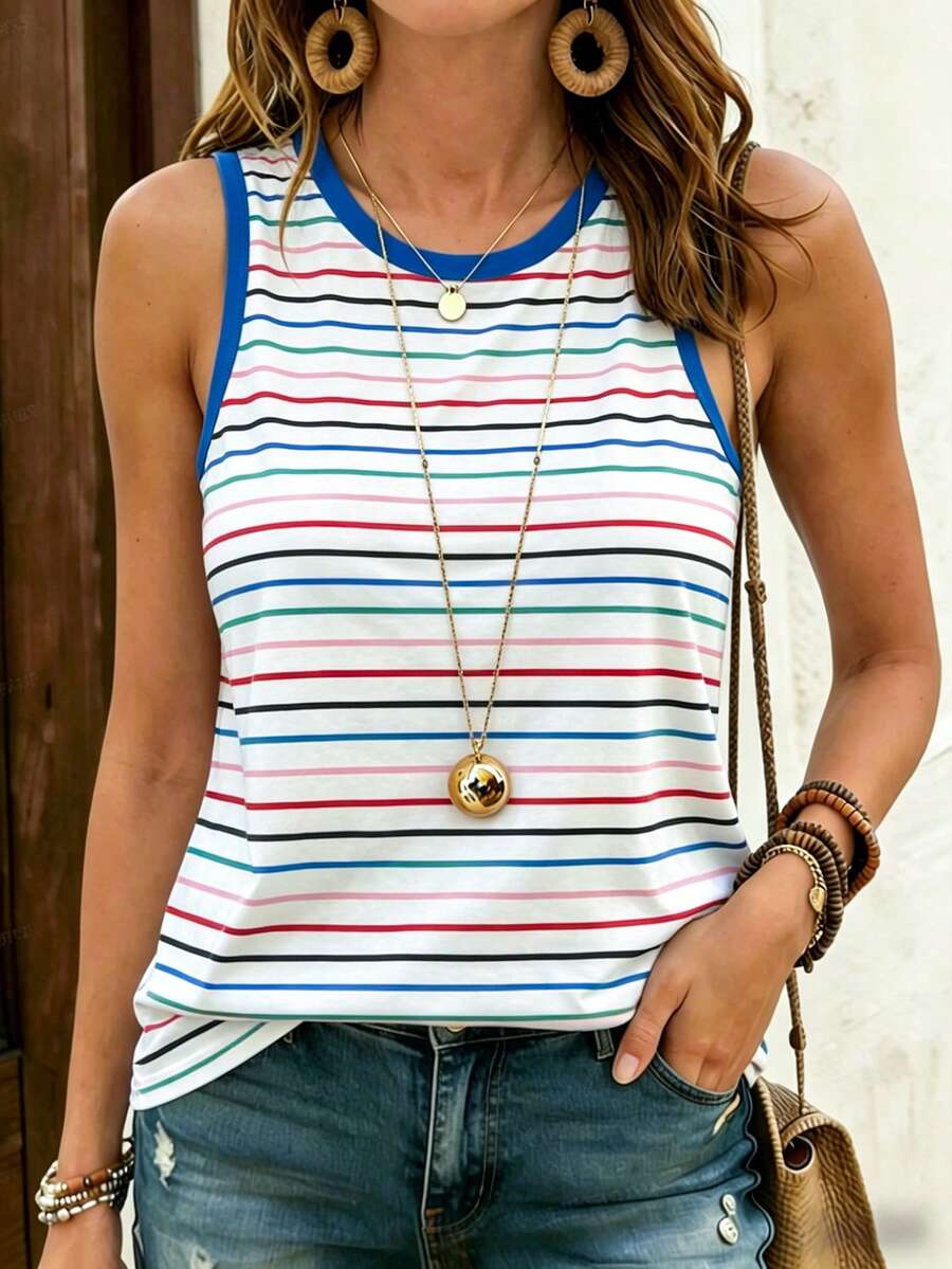 Áo tank top không tay phối màu tương phản sọc cầu vồng mới cho nữ, kiểu dáng rộng rãi, tôn dáng, đa năng, chất liệu vải sọc phù hợp cho đi biển, đi chơi tối, mặc hàng ngày, ở nhà và đi làm vào mùa hè. - Nhiều màu - Xem 1