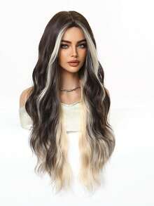 28 Inch Ombre Light Brown To Ash Blonde Water Wave Wig With Middle Part, Pre-Styled Loose Curls, Heat Resistant Synthetic Hair, Perfect For Streetwear, Hip Hop Style, Music Festival, Casual Daily & Club Night, Edgy Hairpiece For Women - Brown Highlight - View 4