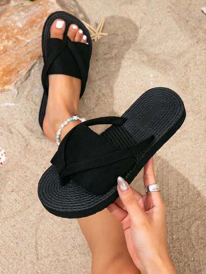 Women's Fashion Shoes, Black Summer Shoes, Woven Texture Flat Sandals, Casual Beach Slippers, Straw-Like Sole Flip Flops