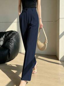 Women's High-Waisted Pleated Loose Fit Trousers, Suitable For Work And Casual Wear, Navy Blue, Spring/Summer - Navy Blue - View 2