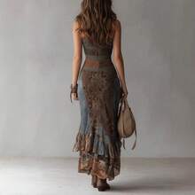 2026 New European And American Style Retro Patchwork Printed Asymmetrical Long Dress Slim Fit High Slit Dress - 印花色 - 查看 2