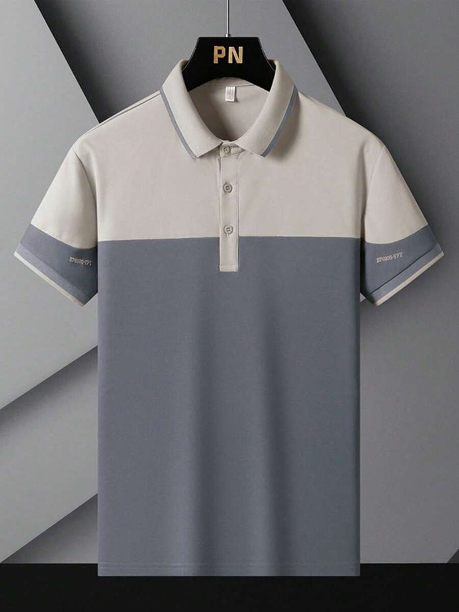 Camisa polo masculina slim fit para o verão, com gola em cor contrastante, carcela com botões e bordado, ideal para uso diário e atividades ao ar livre. - Cinza - Ver 1
