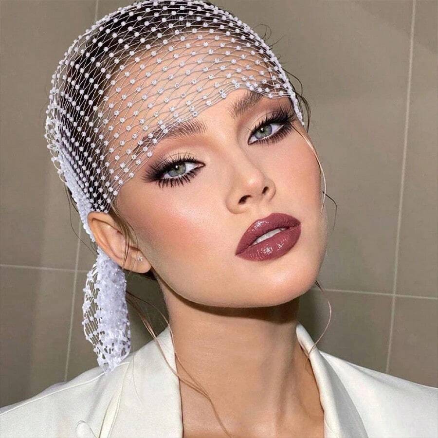 Rhinestone Encrusted Fishnet Headband, Shiny Stretchy Crystal Club Party Headwear - 白色 - 查看 1