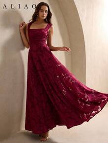 Aliao Wine Red Lace Spaghetti Strap Backless Dress, A-Line Waist Cinched, Elegant For Spring/Summer Vacation, Dates, Weddings - Burgundy - View 7