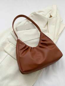 Fashionable One Shoulder Bag, Spring/Autumn New Arrival, Solid Color Pleated Fresh Handbag, Underarm Bag With Texture - Brown - View 6
