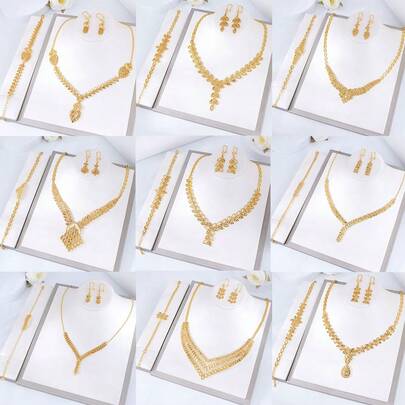 Luxury Dubai Gold Wedding Jewelry 24k Gold Plated Arabic Bridal Necklace Bracelet Earrings Habesha Women Vintage Jewelrys
