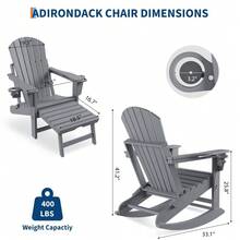 Silla mecedora plegable Adirondack con reposapiés retráctil y portavasos – Silla de patio exterior de HDPE resistente a la intemperie, mecedora ergonómica de respaldo alto para porche, terraza, césped - Gris - Ver 3