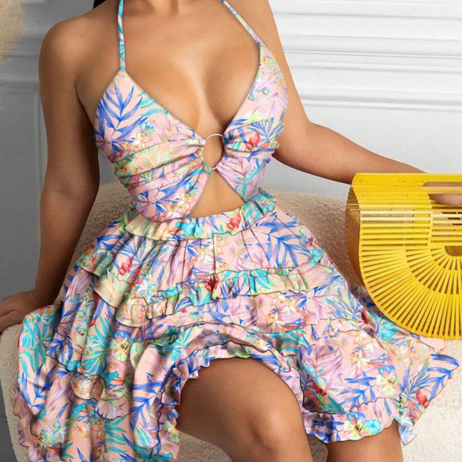 2026 Spring New Women's Clothing  European And American Cross-Border Dress Sexy Hollow Out Halter Neck V-Neck Tiered Dress - 粉色 - 查看 1