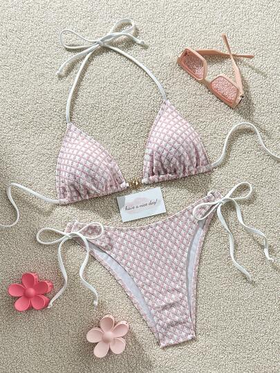 Bộ bikini 2 mảnh gợi cảm mới năm 2026 dành cho nữ, thích hợp cho kỳ nghỉ biển, chất liệu vải kẻ sọc tương phản, phù hợp cho trang phục thường ngày mùa xuân/hè, đi bơi, dự tiệc, hẹn hò, màu hồng.