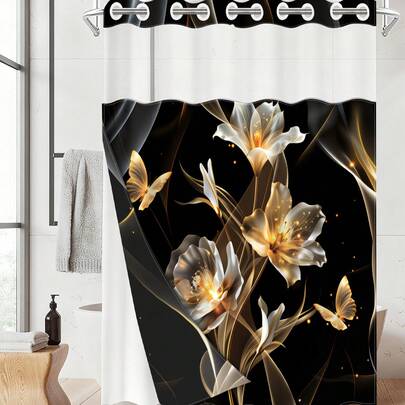 1 pieza Cortina de ducha de flores y mariposas negra y dorada de doble capa, cortina de baño impermeable de poliéster con estampado de flores luminoso de lujo, diseño desmontable y de fácil limpieza, sin necesidad de ganchos, adecuada para la decoración del baño y del hogar