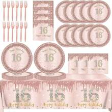 D16th Birthday Decorations For Girls61Pcs Rose Gold Sweet 16 Plates And Napkins Tablecloth Forks Happy 16th Birthday Plates For Sweet 16 Birthday Decorations Tableware Serves 20 - Rose Gold - View 1