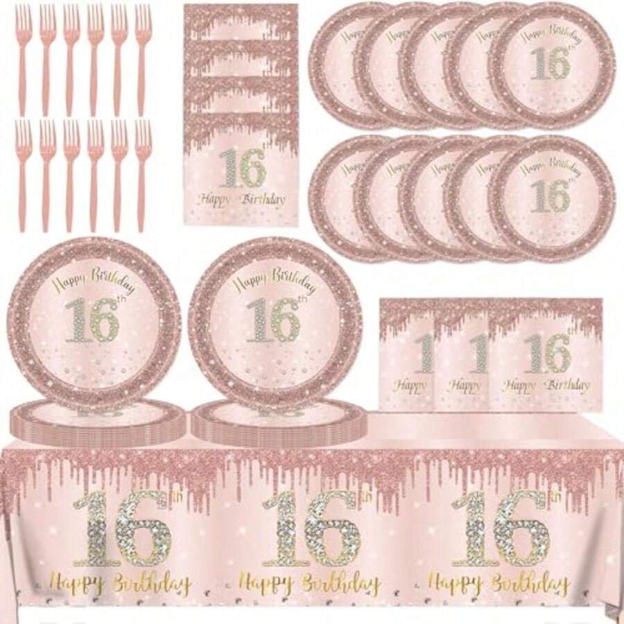 D16th Birthday Decorations For Girls61Pcs Rose Gold Sweet 16 Plates And Napkins Tablecloth Forks Happy 16th Birthday Plates For Sweet 16 Birthday Decorations Tableware Serves 20 - Rose Gold - View 1
