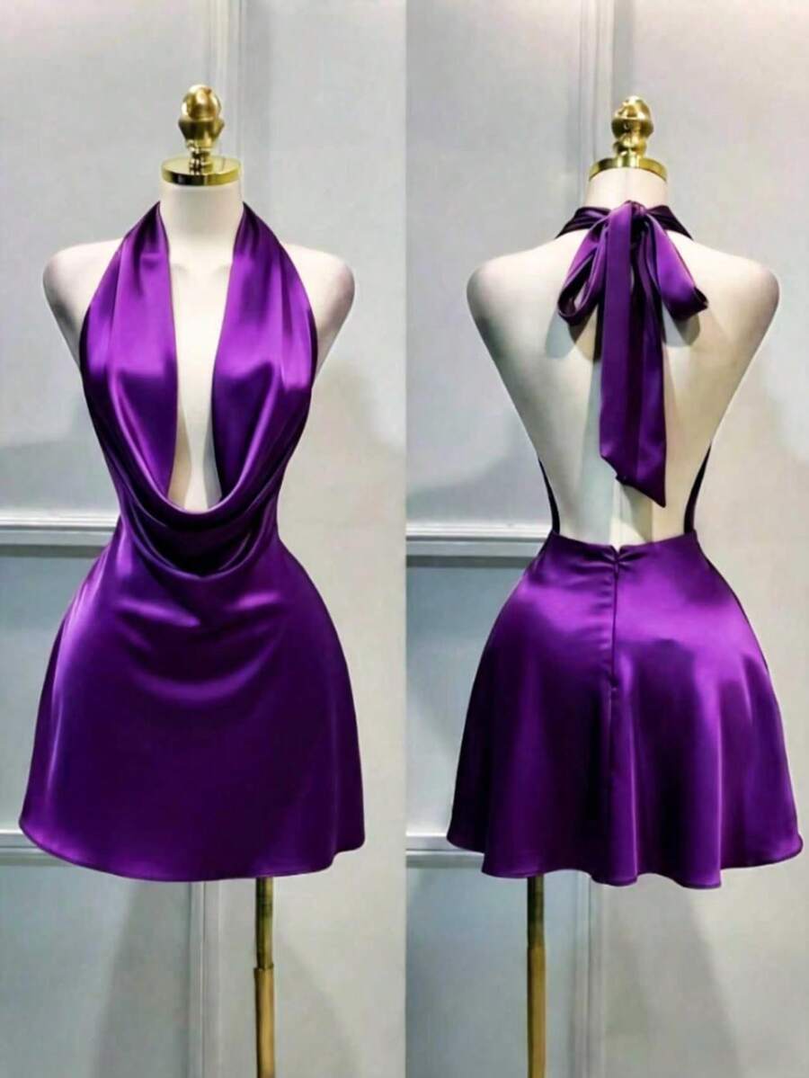 1pc Solid Color Sexy Satin Draped Backless Dress, Beach Dress, Elegant Mini Dress For Women, Graceful Casual Dress, Flowing Dress, Short Dress Summer - Purple - View 1