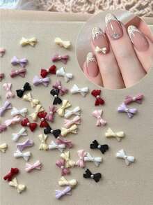50pcs Mixed Solid Color Resin Bowknot 3D Nail Art Decorations, Cute Line Bowknot Nail Charm DIY French Manicure Accessories - Multicolor - View 2