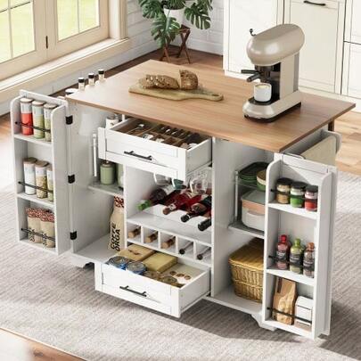 Kitchen Trolley With Folding Worktop, Kitchen Island With Wheels, Bottle Rack, Glass Holder, Spice Rack And Towel Rack, 120x45/70x92cm, White – Multifunctional Serving Trolley With Storage Space