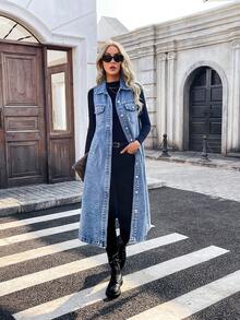 Mobula Sound# Fashionable Denim Sleeveless Jacket, Versatile For Spring/Summer, Suitable For Casual, Travel, Airport Outfits - Blue - View 2