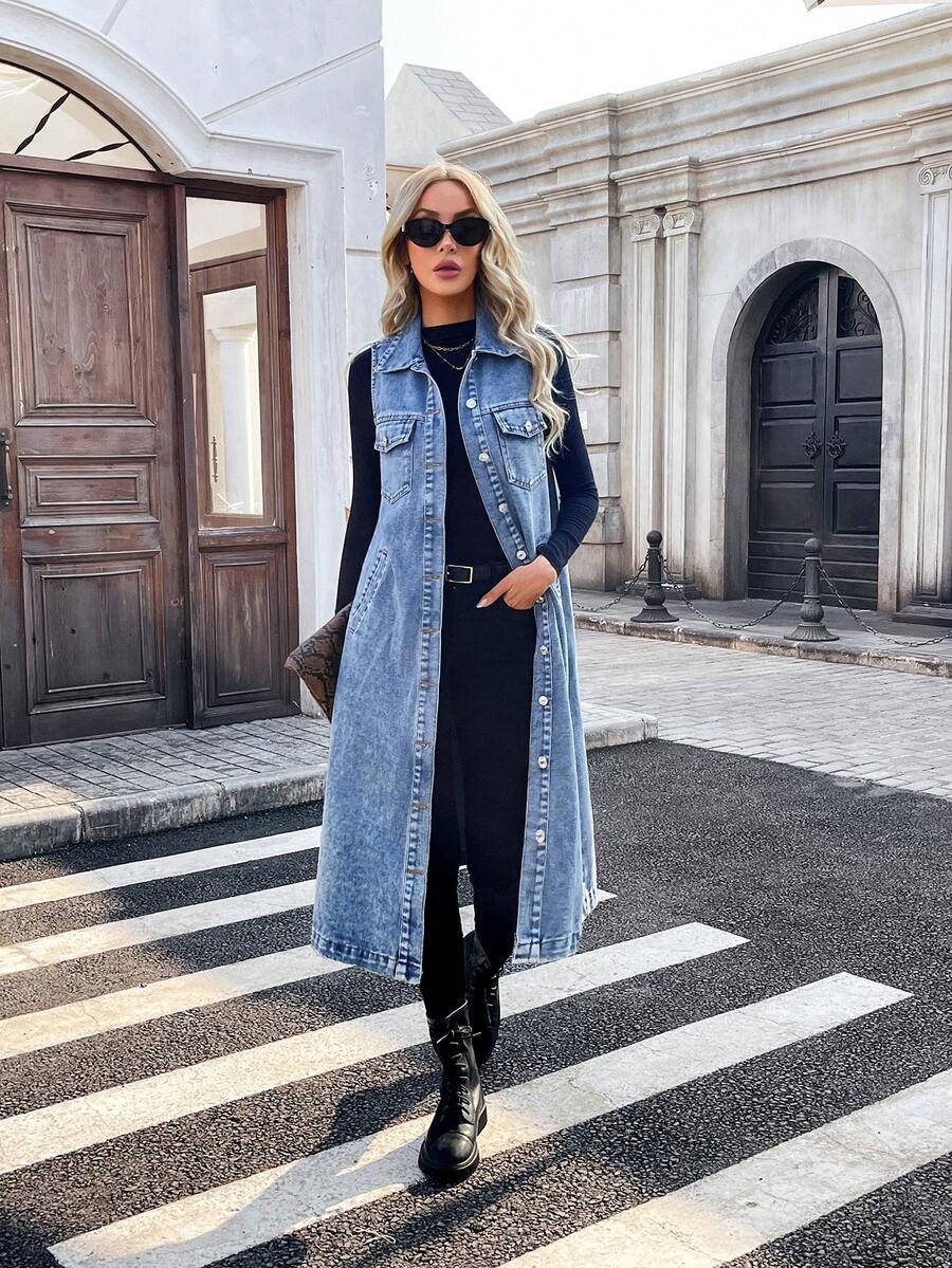 Mobula Sound# Fashionable Denim Sleeveless Jacket, Versatile For Spring/Summer, Suitable For Casual, Travel, Airport Outfits - Blue - View 1