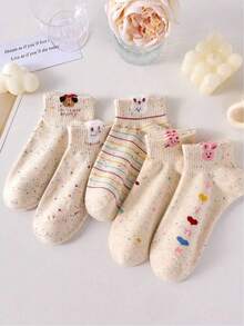 5双装波点透明女士短袜，可爱卡通图案，透气休闲运动袜，春夏款 - 款式A - 查看 7