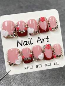 10 pièces Ensemble de style haut de gamme, doux et élégant. Faux ongles faits main avec motif 3D peint à la main et décoration de strass étincelants. Convient pour les couples qui font du shopping, regardent des films, dînent et portent pour la Saint-Valentin. - Rose bonbon - Voir 2