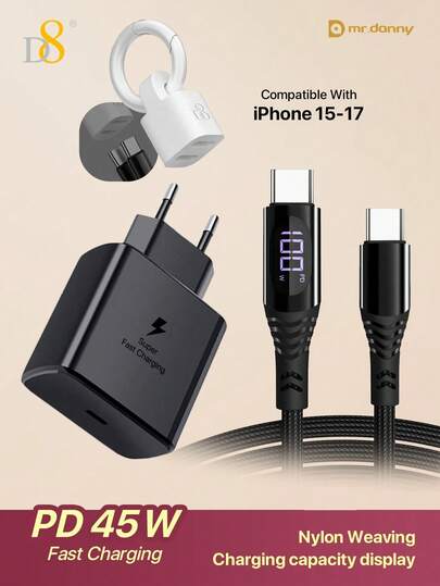  D8 45W USB-C 고속 충전기 1개, PPS 기술 적용, 벽면 및 차량용 2-합-1 충전기 | USB-C-Type-C 충전 데이터 케이블 포함 | iPhone 16/15/17 Pro Max, iPhone Air 및 SA, Samsung Galaxy S25/S24/S23/S22/S21/S10, Note 20/10/9, A51, Pixel G8/G7, OnePlus 등 다양한 휴대폰과 호환 | 45W 고속 충전으로 일상 사용에 적합