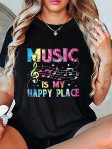 Plus Size - Plus Size - The Joyful Kingdom Of Music, Where Melodies Bring Happiness. A Stylish And Casual Women's Crew Neck T-Shirt With Music-Themed Prints And Designs, Perfect For Spring And Summer. - 黑色 - 查看 1