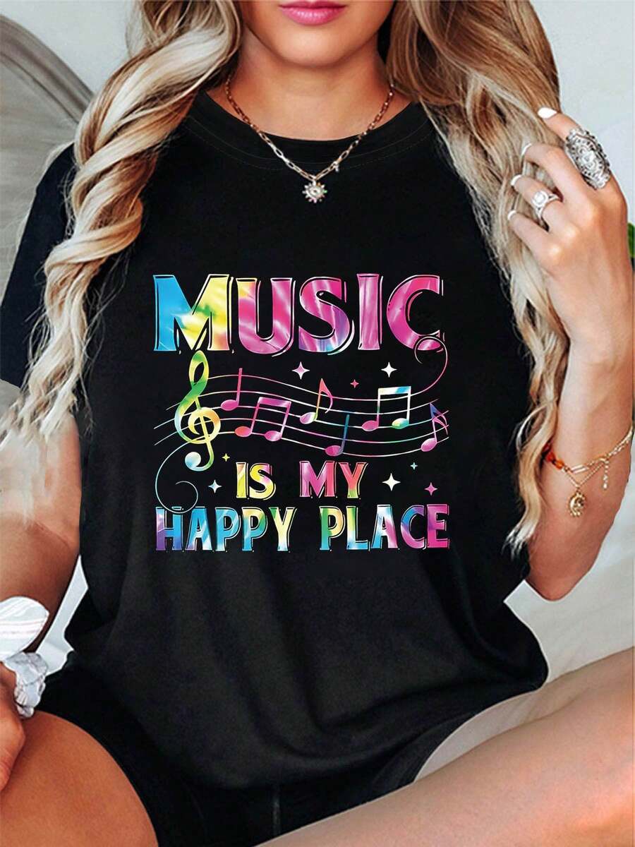Plus Size - Plus Size - The Joyful Kingdom Of Music, Where Melodies Bring Happiness. A Stylish And Casual Women's Crew Neck T-Shirt With Music-Themed Prints And Designs, Perfect For Spring And Summer. - 黑色 - 查看 1