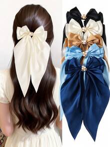 5pcs Set Solid Color Oversized Ribbon Bow Hair Clips, Elegant Pearl Rhinestone Hair Accessories, Satin Duckbill Clips For Ponytail, Suitable For Teenage Girls, Students, Daily, Party, Back To School - Blue - View 12