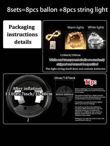 8个/套 LED 漂浮波浪气球，适用于婚礼装饰、生日派对装饰、宴会装饰和家居卧室装饰，无需电池，气球配件，生日气球，气球花环，自发光漂浮装饰，室内/室外均可使用 - 彩色 - 查看 14