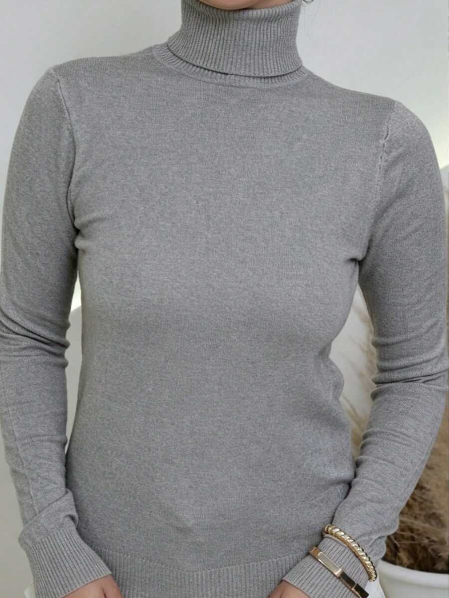 WOMEN'S BLOUSE KNITTING CACHARREL LONG SLEEVE WINTER BASIC HIGH NECK SWEATSHIRT - Xám - Xem 1