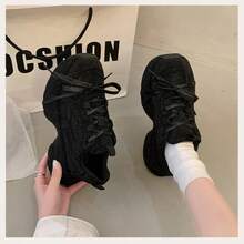 Rhinestone Embellished Chunky Sneakers, New Fashionable Lace-Up Casual Shoes For Women - Black - View 2