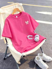2pcs Casual Set Designed For Girls, Featuring Embroidered Bow Pattern Round Neck T-Shirt & Shorts, Summer Fashionable And Comfortable New Set - Hot Pink - View 4