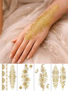 4 Sheets Glitter Hand Temporary Tattoos Gold Henna Tattoos Metallic Hand Tattoo Mandala Stickers For Body Makeup Performance Summer Travel Beach Rave Accessories Wedding Party - Gold - View 10