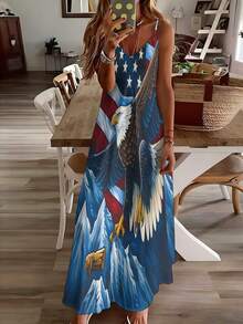 Am-Erican Eagle And Flag Women's 3D Print Spaghetti Strap Maxi Dress, Comfortable Fabrics Casual V-Neck Long Dress Summer And Spring Outfits - 混合色 - 查看 2