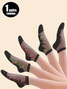1/5 Pairs Random Women's Short Socks, Black Crystal Silk Embroidered Floral Pattern Glass Silk Thin Breathable Moisture-Wicking Fashion Socks, Suitable For Daily Wear - Multicolor - View 8