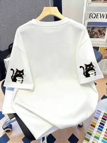 猫咪喝茶图案圆领休闲T恤，女款，大码夏季时尚短袖，适合夏季度假、海滩、节日、春季、情人节、狂欢节、母亲节礼物，白色 - 白色 - 查看 5