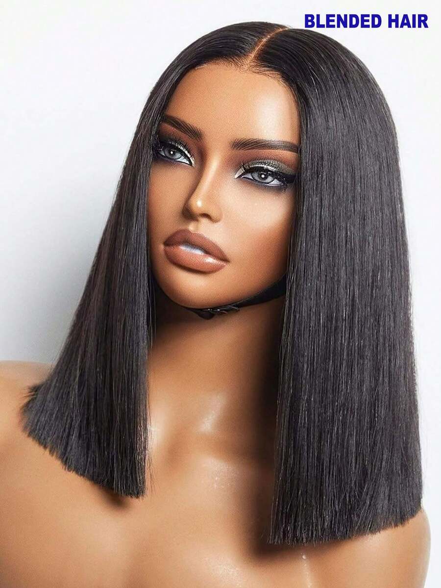 34英寸 1B# 13x4 蕾丝前假发 200% 密度 蕾丝前假发 混合真人发 预先拔毛 直发 高清蕾丝前假发 女士 - 自然色&黑色系 - 查看 1