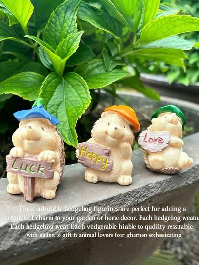 3pcs Cute Resin Hedgehog Figurines, Decorated With Lucky, Happy, Love Symbols, Suitable For Outdoor Garden Or Indoor Tabletop Decor