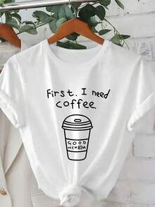 Chiếc cốc cà phê mang đi vẽ tay nghệ thuật đường nét đơn giản và dễ thương của Women's Daily thể hiện trải nghiệm mua cà phê thường ngày. Áo thun cổ tròn tay ngắn, kiểu dáng thường ngày, thích hợp cho mùa xuân/thu/hè. - trắng - Xem 4