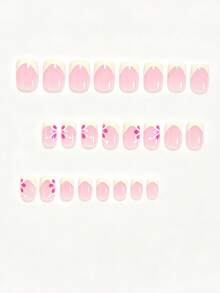 24pcs Short Square False Nails Set, Spring/Summer Fresh Cream Yellow Striped Matching Vibrant Fuchsia Floral Design, Elegant Fashionable Tropical Hibiscus Yellow Full Cover Fake Nails, Includes 1 Glue Sticker And 1 Mini File, Random Delivery - Yellow - View 2