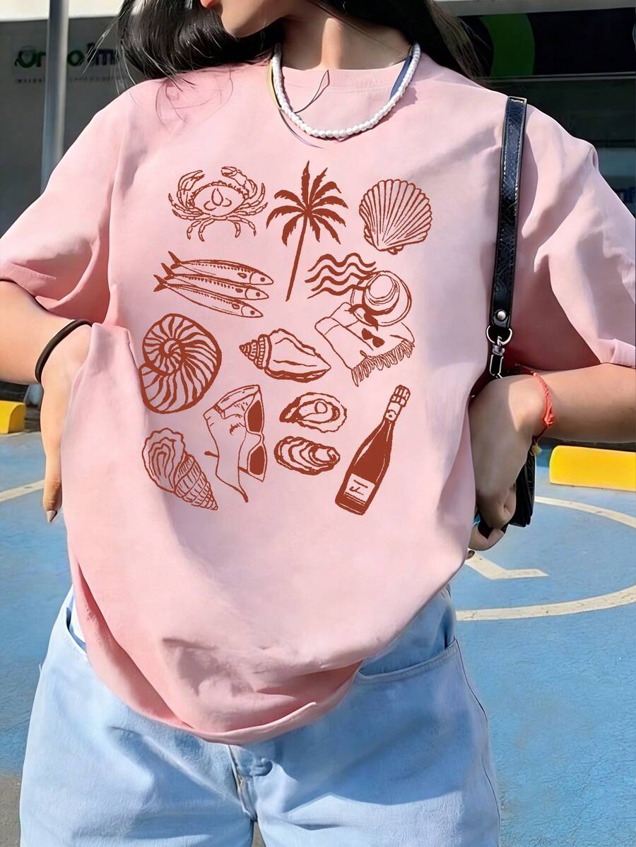 女士夏季新款沙滩贝壳螃蟹印花休闲度假宽松百搭圆领白色短袖T恤，时尚日常上衣，适合日常穿着，粉色 - 粉色 - 查看 1